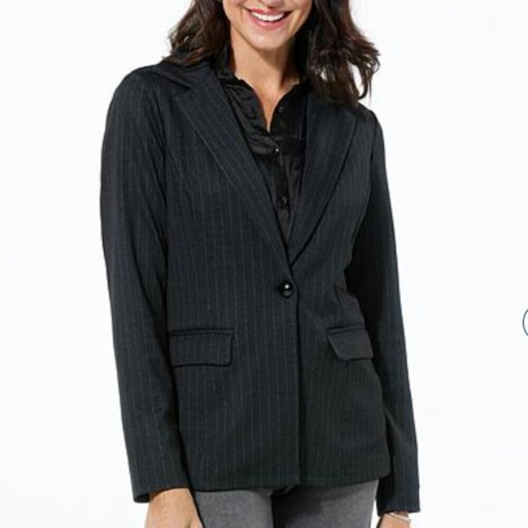 CURATIONS x Nicole Hickl Blazer Plus Size 2X Ponte Knit Black Pinstripe NWT - Picture 2 of 10